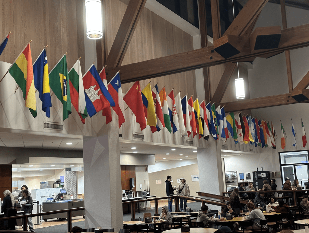 Flags line the walls in the Caf on Feb. 6. The flags represent 110 countries around the world. Photo by Gabrielle Salgado